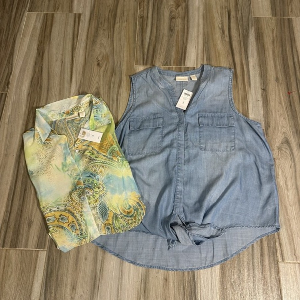 NWT Lot of 2 Chicos Blouses 3 (XL)  Career Beach Coastal Boho Chambray Lagenlook